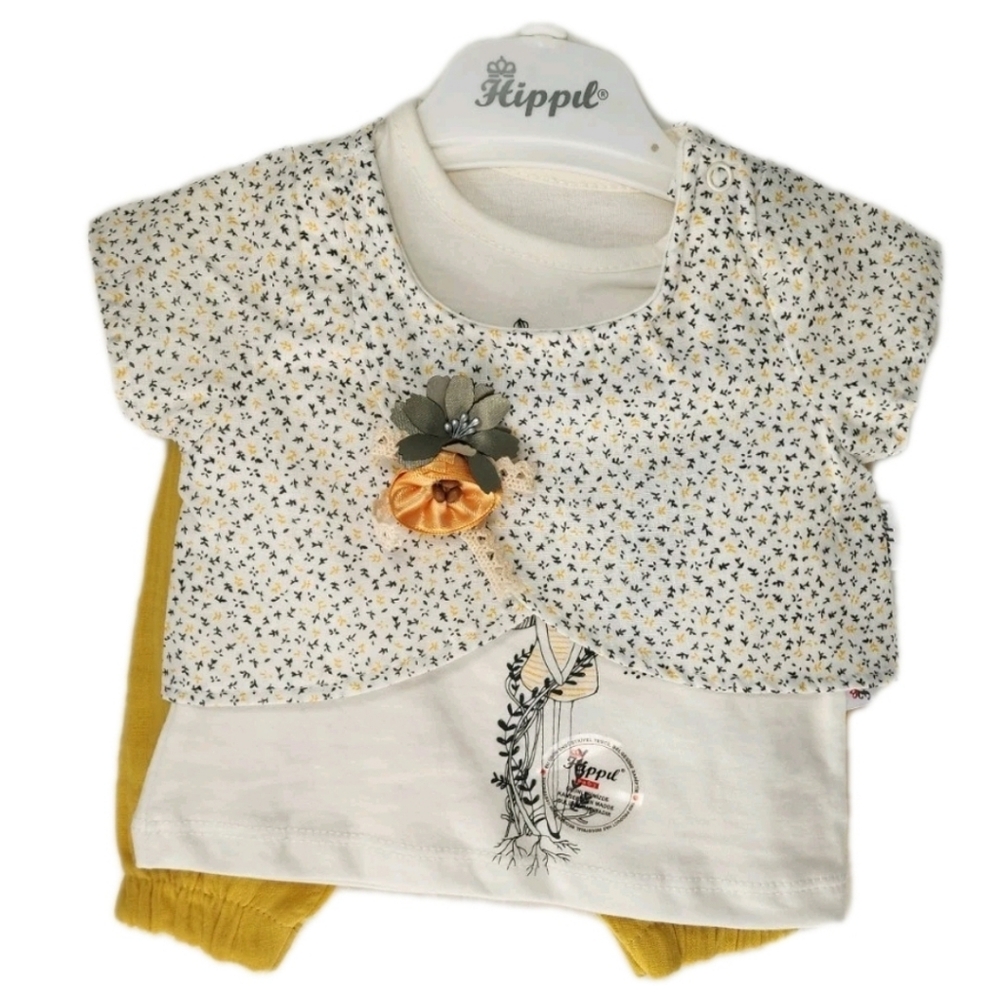 Baby 3-Pieces Outfit Set T-shirt/ Shorts/ Floral Deco Top Size 3-6 Months